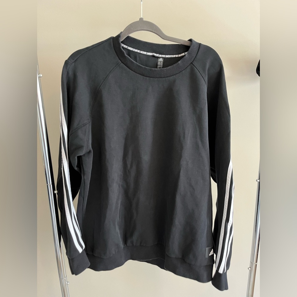 Adidas Black Crew Neck Sweater with White Sleeve Stripes